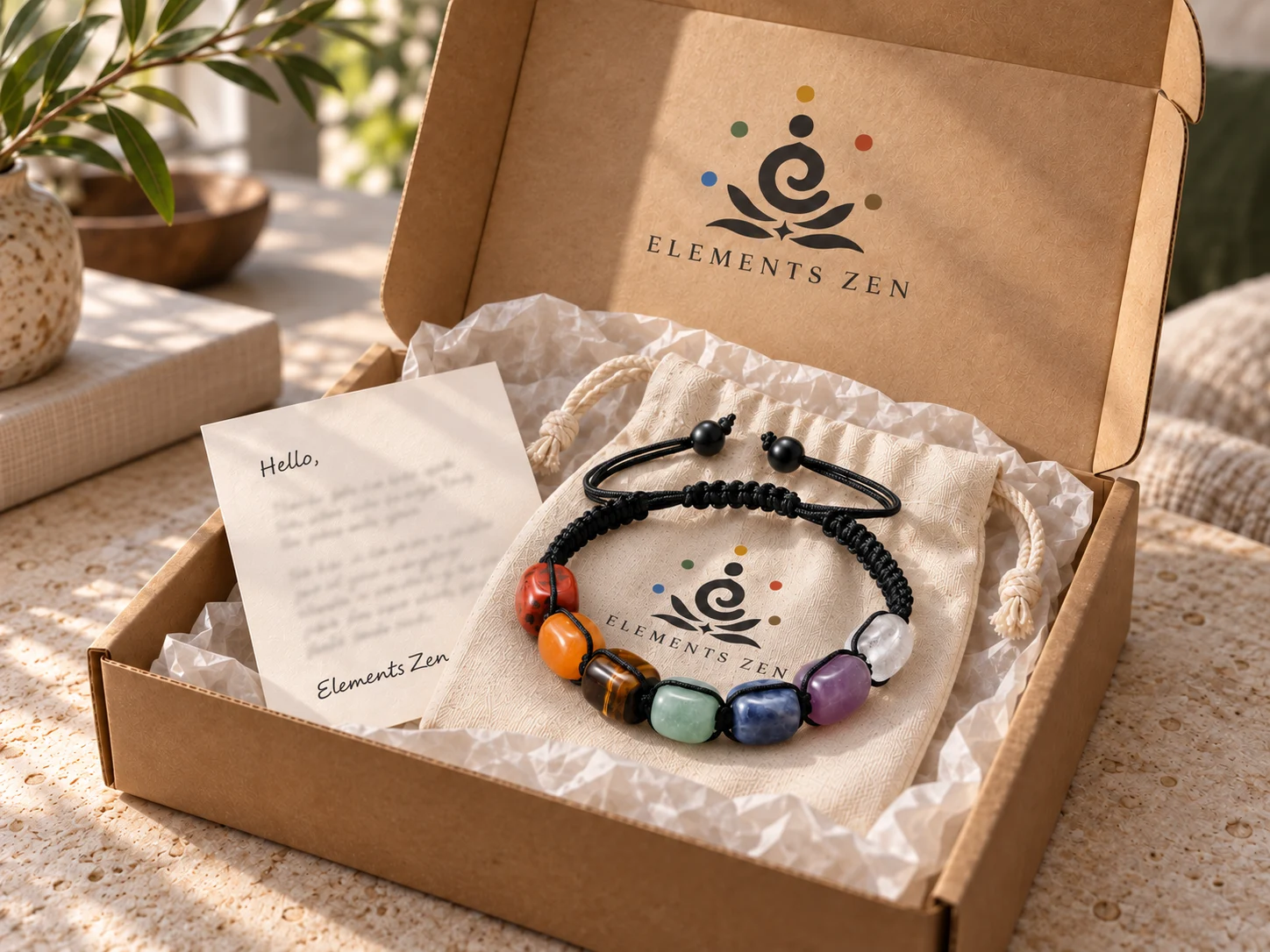 A black-cord gemstone bracelet in a kraft box with tissue and a branded cotton pouch