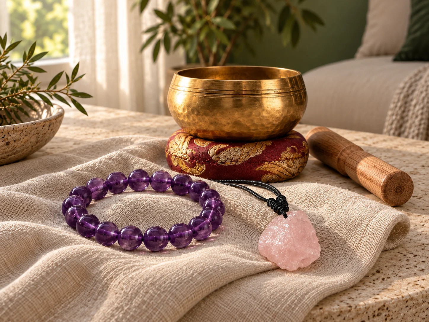 An amethyst bracelet and raw pink stone pendant beside a brass singing bowl in a sunlit home