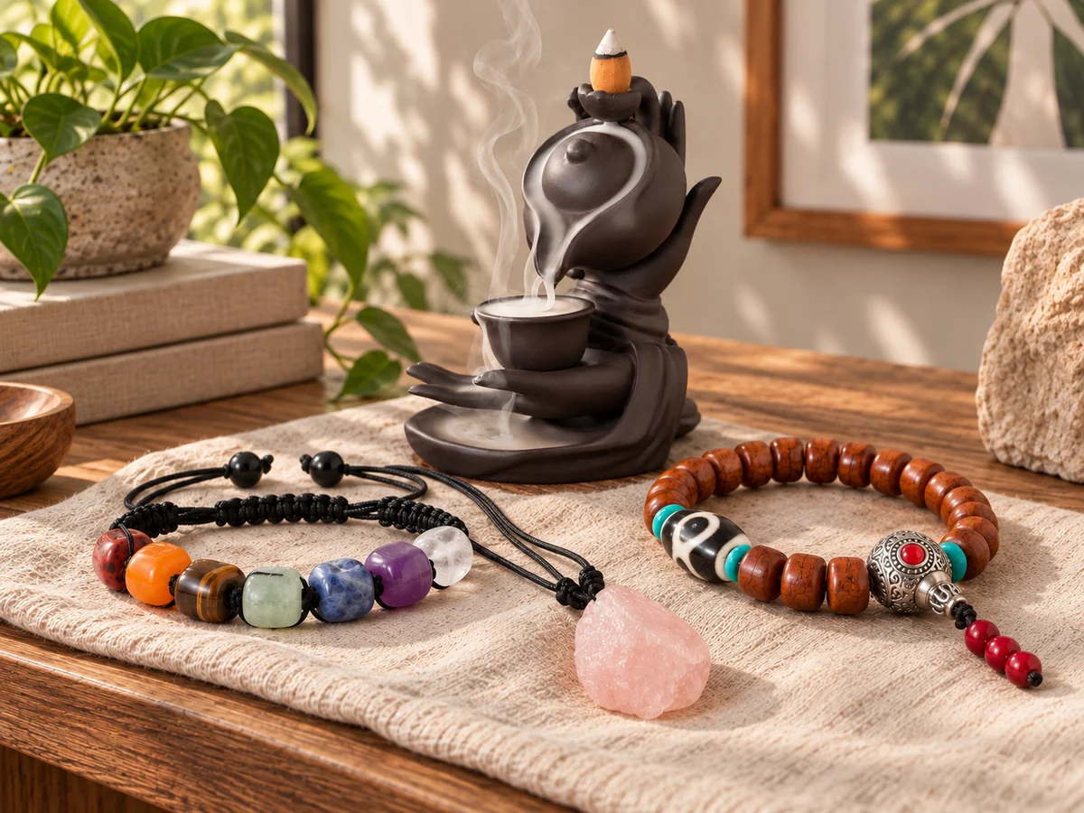 Gemstone and wooden-bead bracelets, a raw stone pendant and a sculptural incense burner in a home setting
