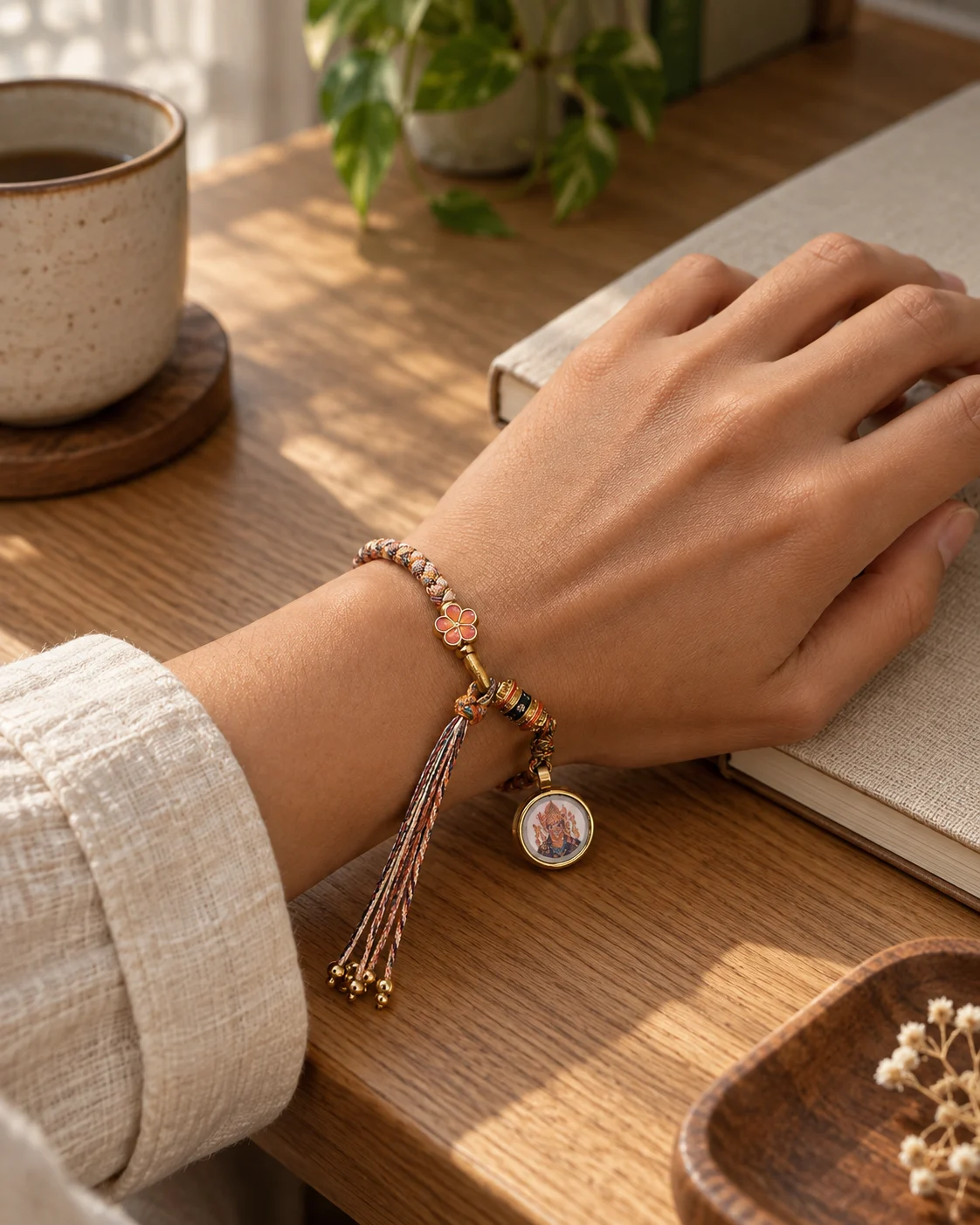 A hand wearing a braided charm bracelet during a quiet everyday moment