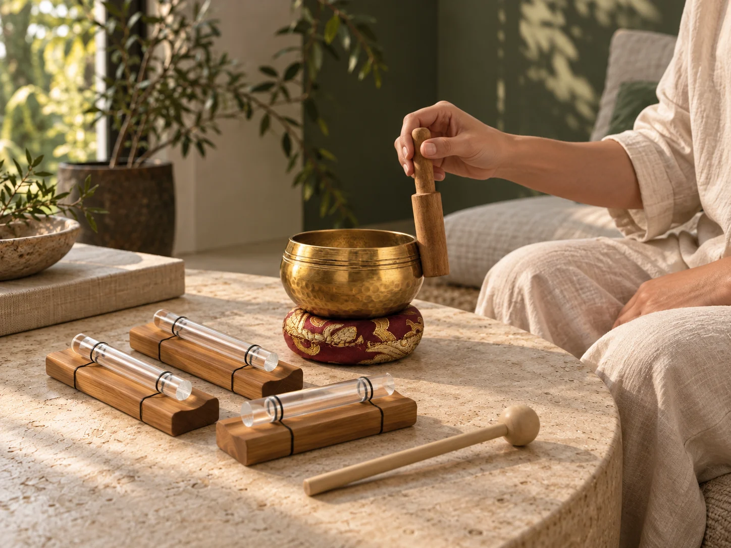 A seated person using a brass singing bowl beside crystal sound bars