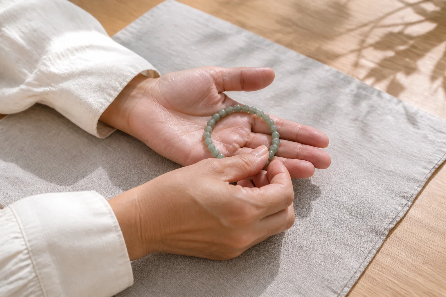 Hands holding a green-bead bracelet while choosing a personal intention