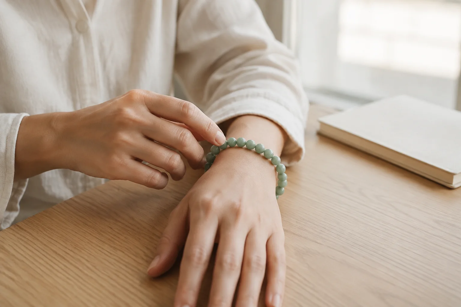 A hand gently touching a bead on a bracelet worn at the wrist