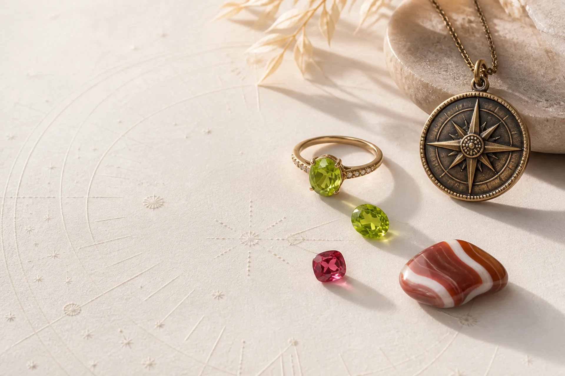 Peridot, spinel, sardonyx and bronze jewelry arranged on an embossed calendar surface