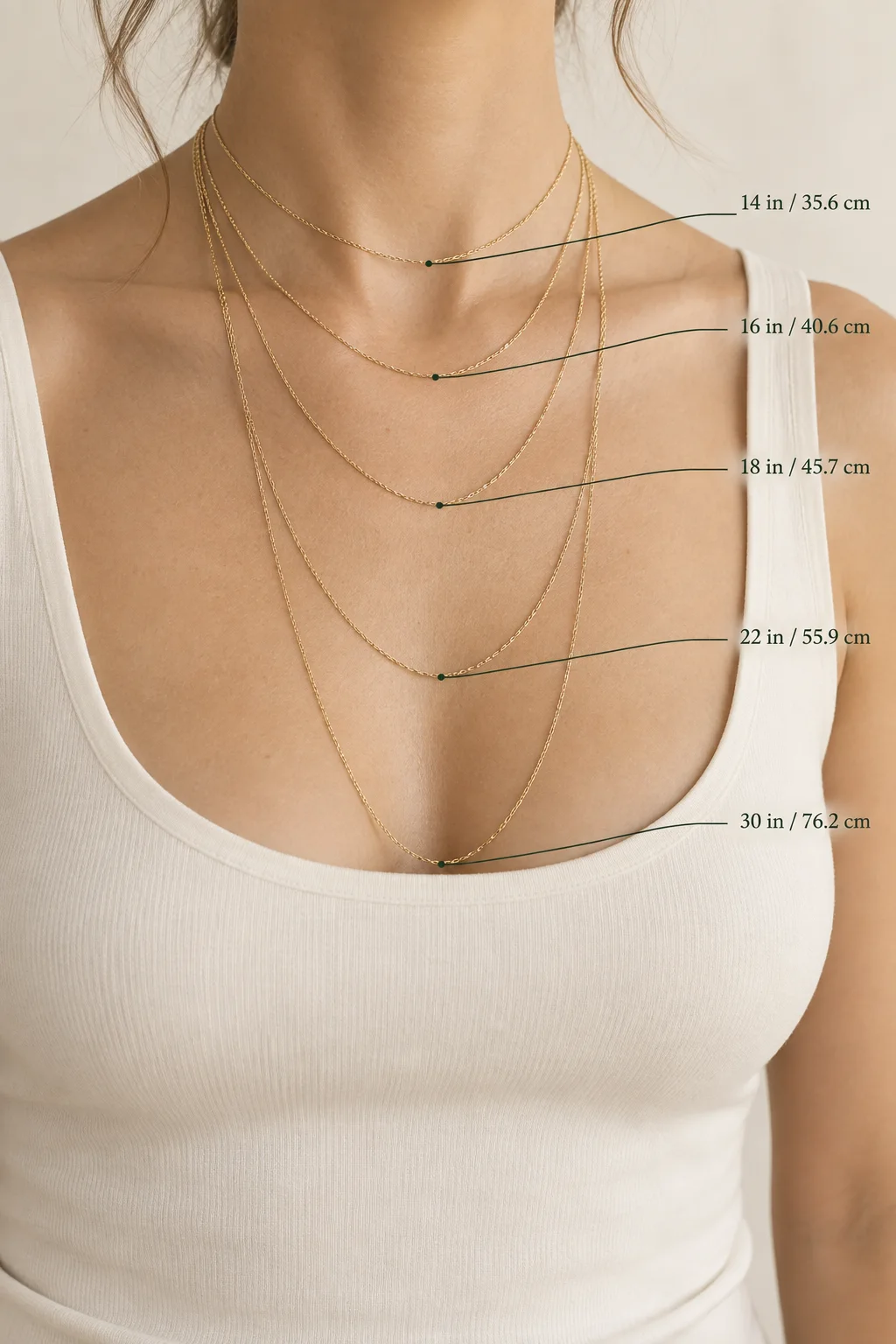 Length references: 14 in / 35.6 cm · 16 in / 40.6 cm · 18 in / 45.7 cm · 22 in / 55.9 cm · 30 in / 76.2 cm. Actual placement varies.