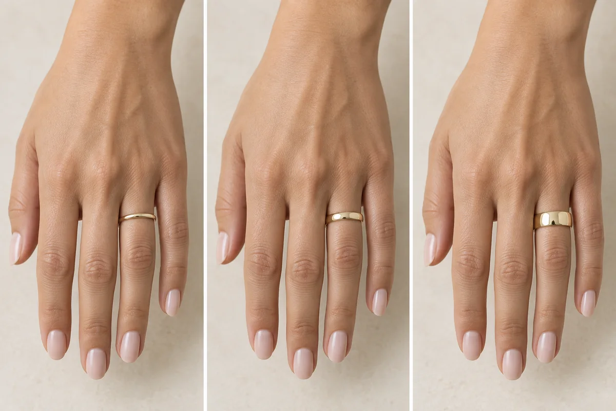 Left to right: a narrow, medium and wider band. Band width changes the look; finger circumference determines ring size.